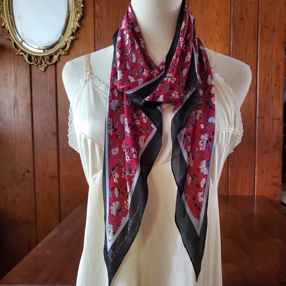 Anne Klein Vintage Silk Scarf Oblong Red Black Floral Paisley Long Wrap 9.5x70